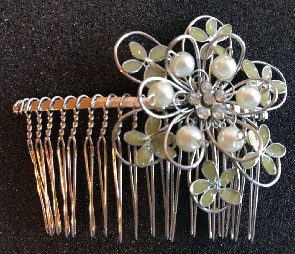 VTG Silver Tone Women's Hair Comb Faux Pearls, Rhinestones Yellow Enamel Flowers